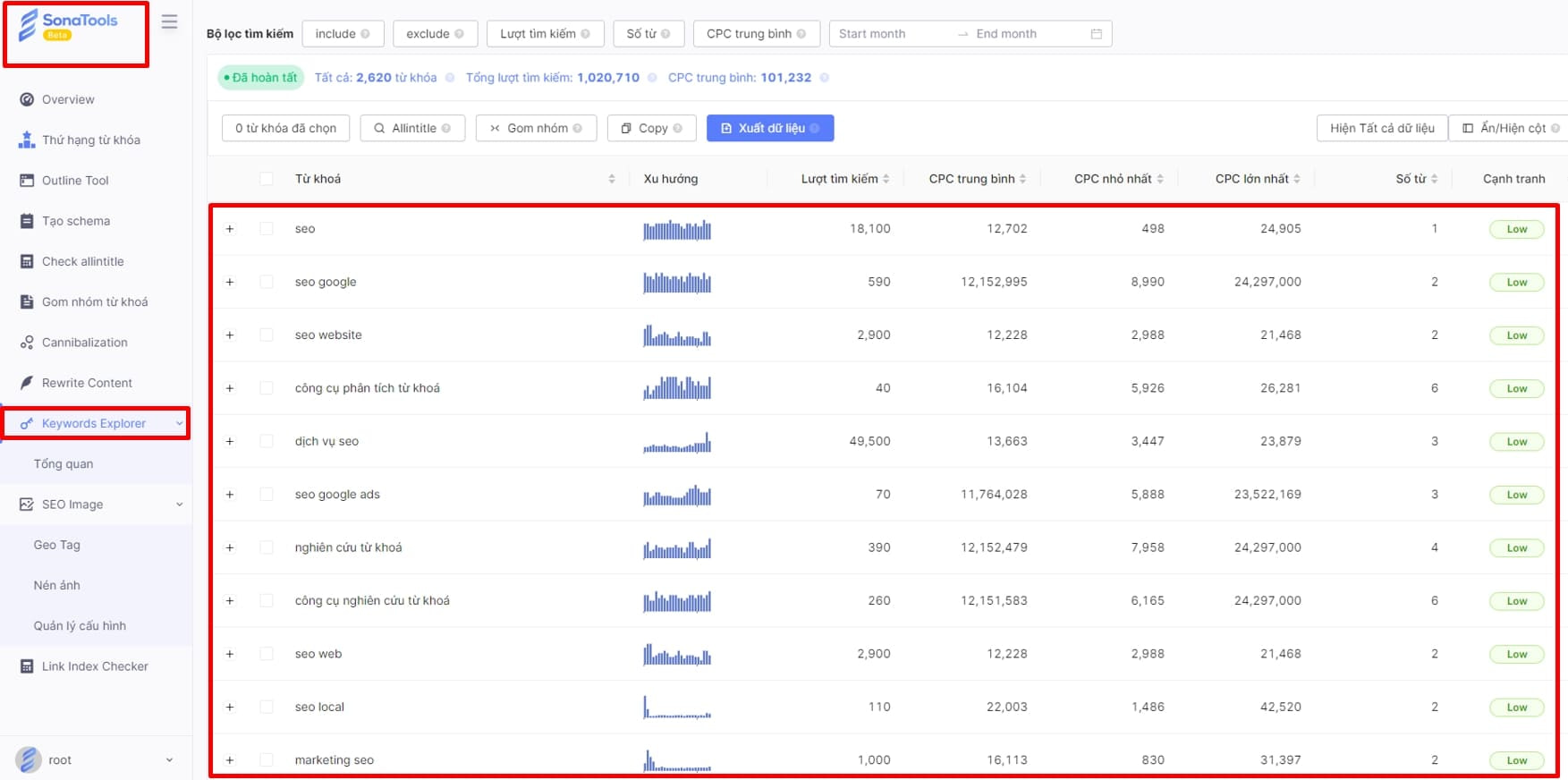 Sử dụng tính năng Keywords Exploer của SonaTools