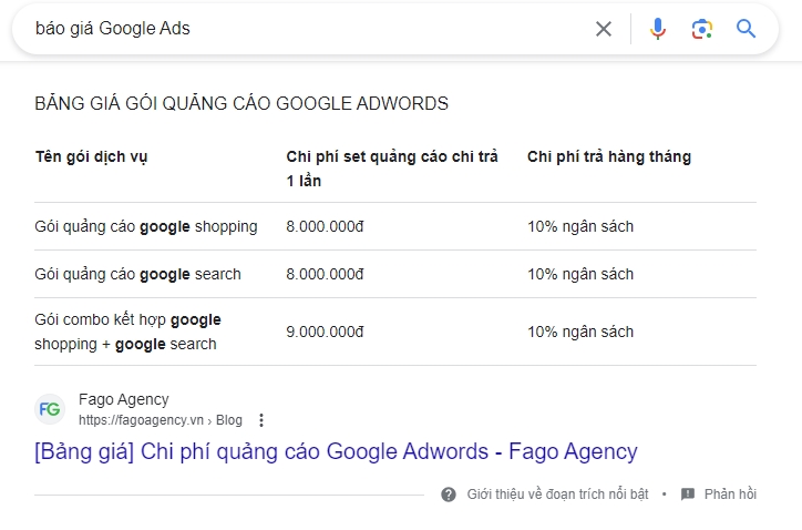 Featured Snippet hiển thị trên trang kết quả Google