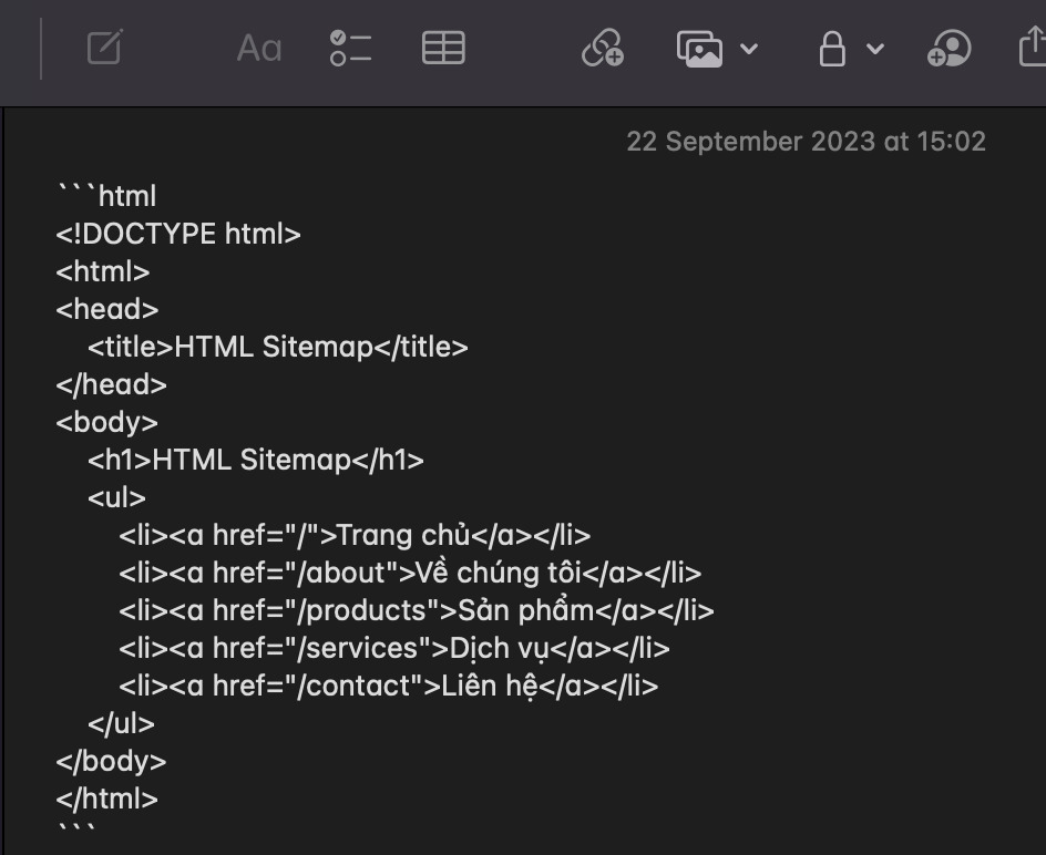 tạo mã html sitemap thủ công