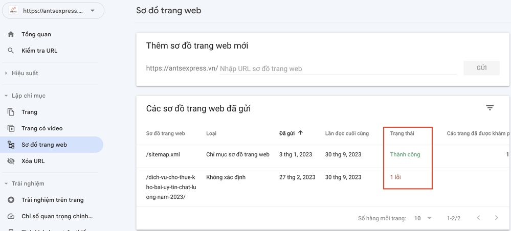 ví dụ về gửi xml sitemap thành công