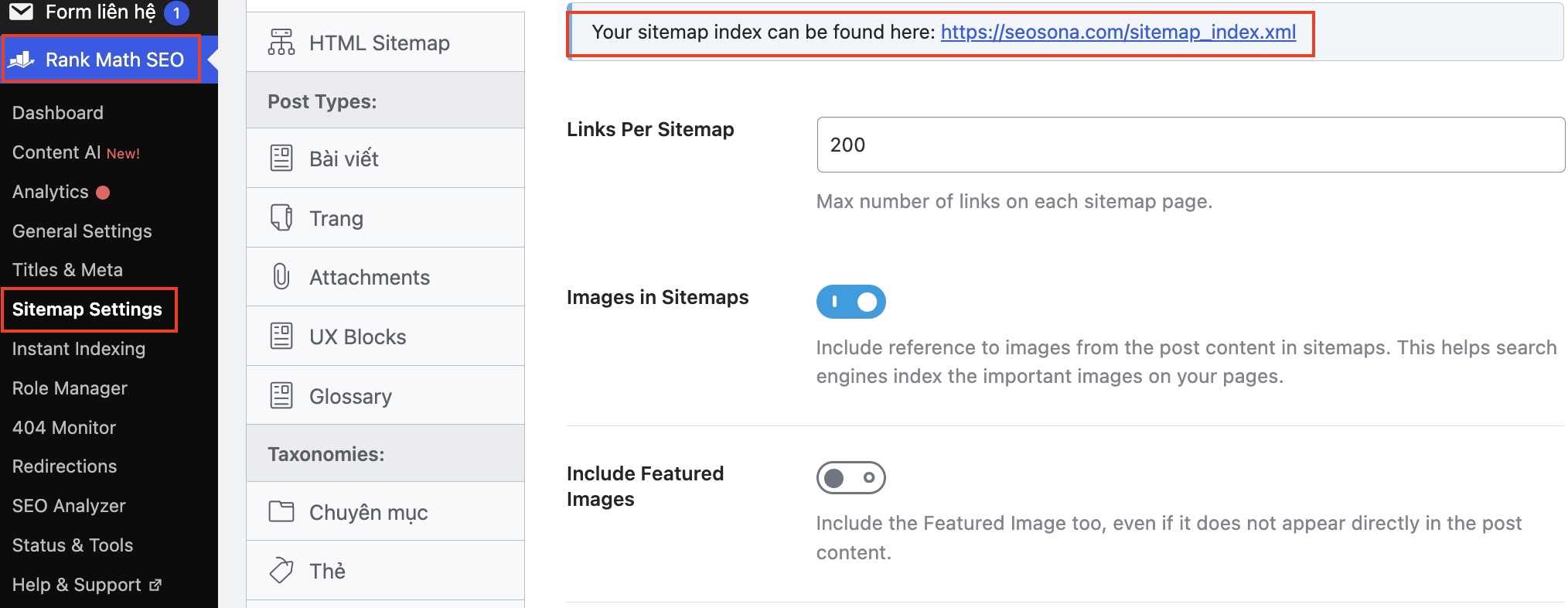 ví dụ về tạo sitemap bằng rankmath cho seosona.com