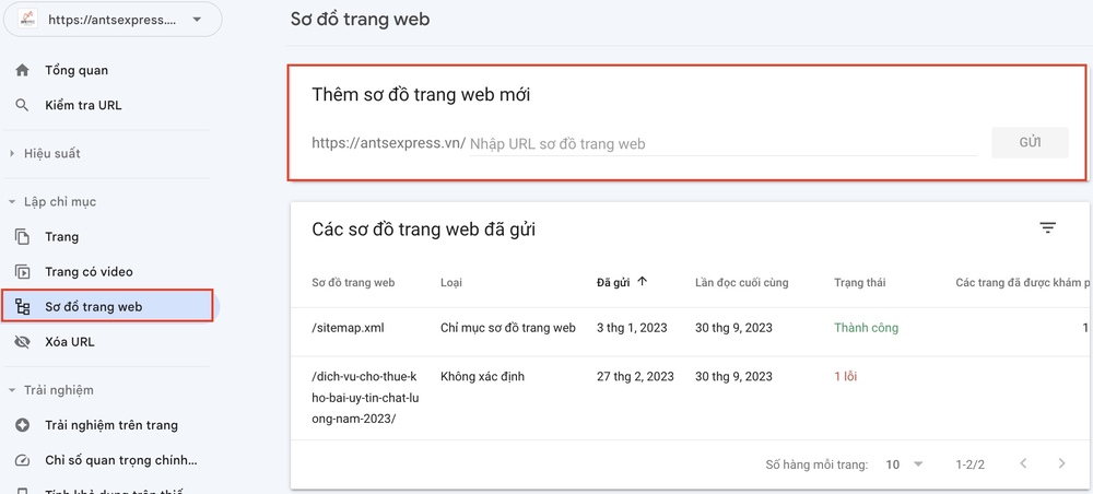 gửi xml sitemap thông qua google search console