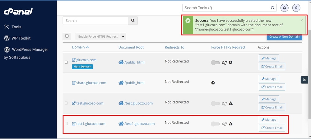 Thông báo đã tạo subdomain thành công