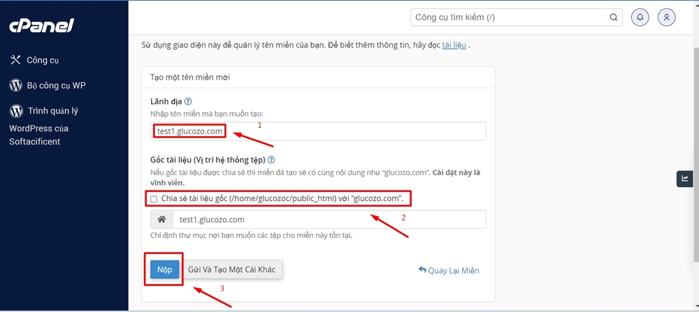 Điền thông tin để tạo subdomain