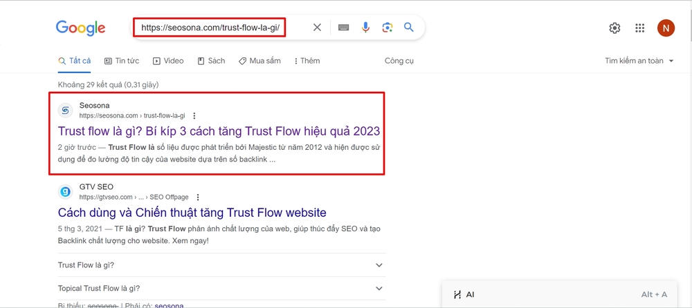 Kết quả kiểm tra bằng câu lệnh site:url