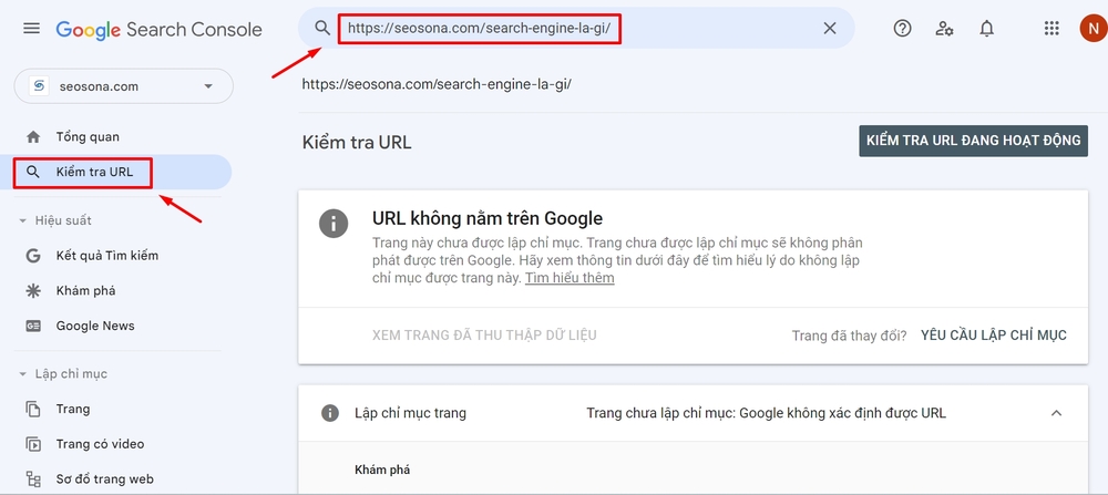 Chọn vào tính năng Kiểm tra URL và dán URL cần submit