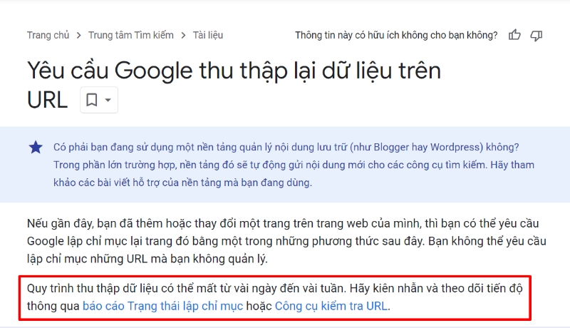 Google nói về thời gian index