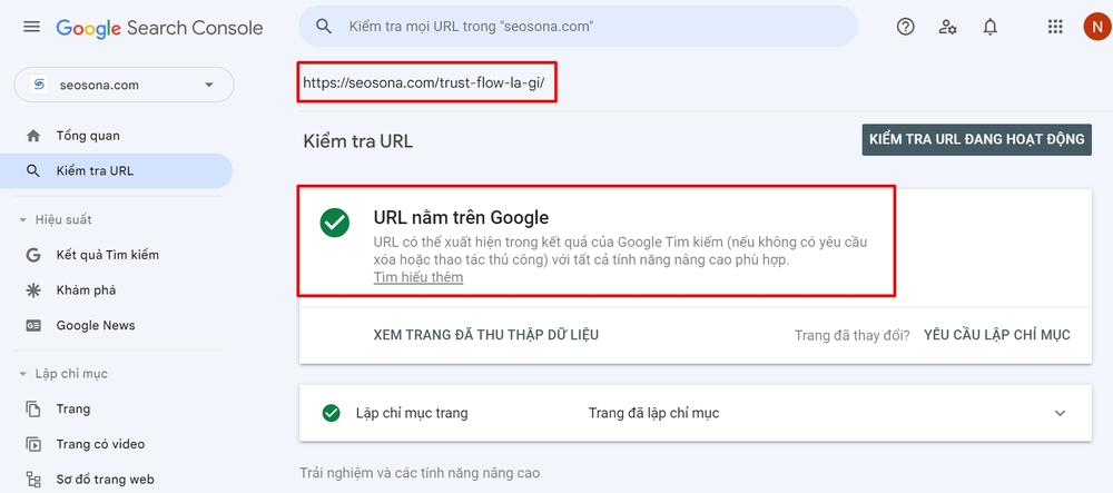Kết quả kiểm tra bằng Google Search Console