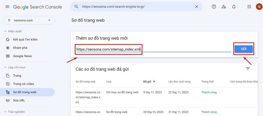 Submit URL sitemap lên Google Search Console
