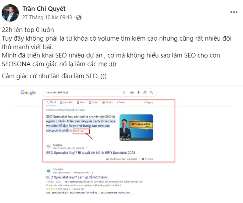 Một bài post trên facebook của tôi thu hút được rất nhiều traffic cho website Seosona