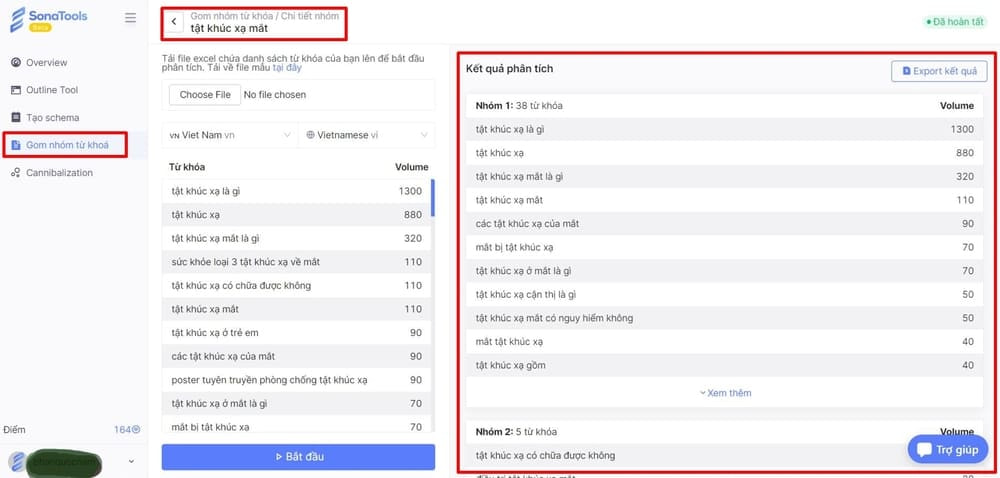 Kết quả gom nhóm từ khóa bằng SonaTools