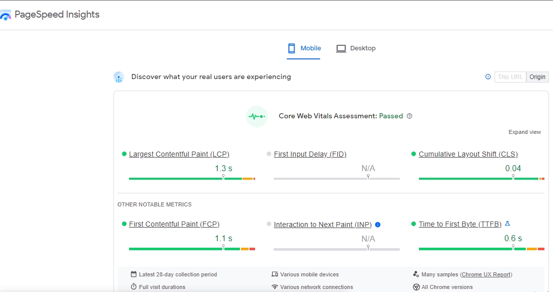 Các chỉ số hiệu suất trong Google PageSpeed Insights