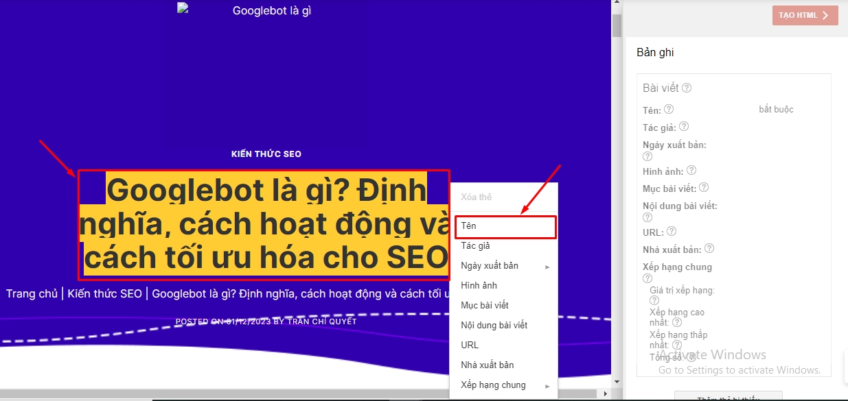 Tạo Schema bằng công cụ đánh dấu dữ liệu có cấu trúc