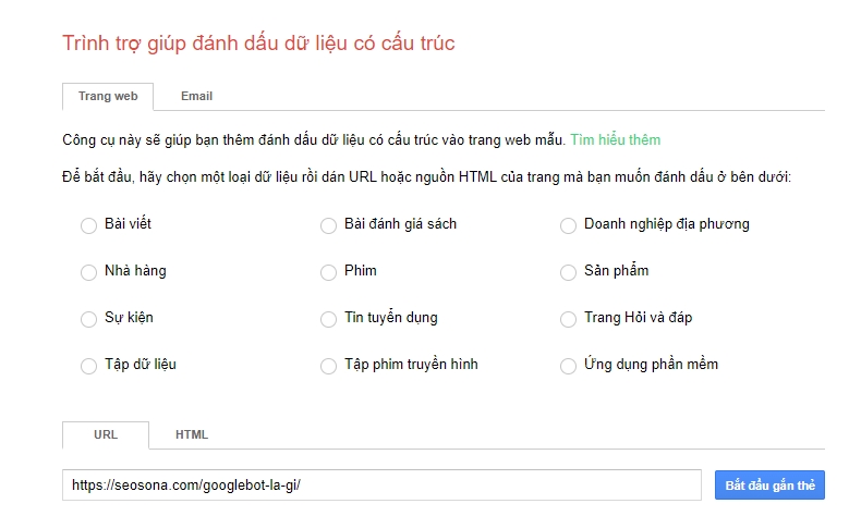 Trình trợ giúp đánh dấu dữ liệu có cấu trúc của Google